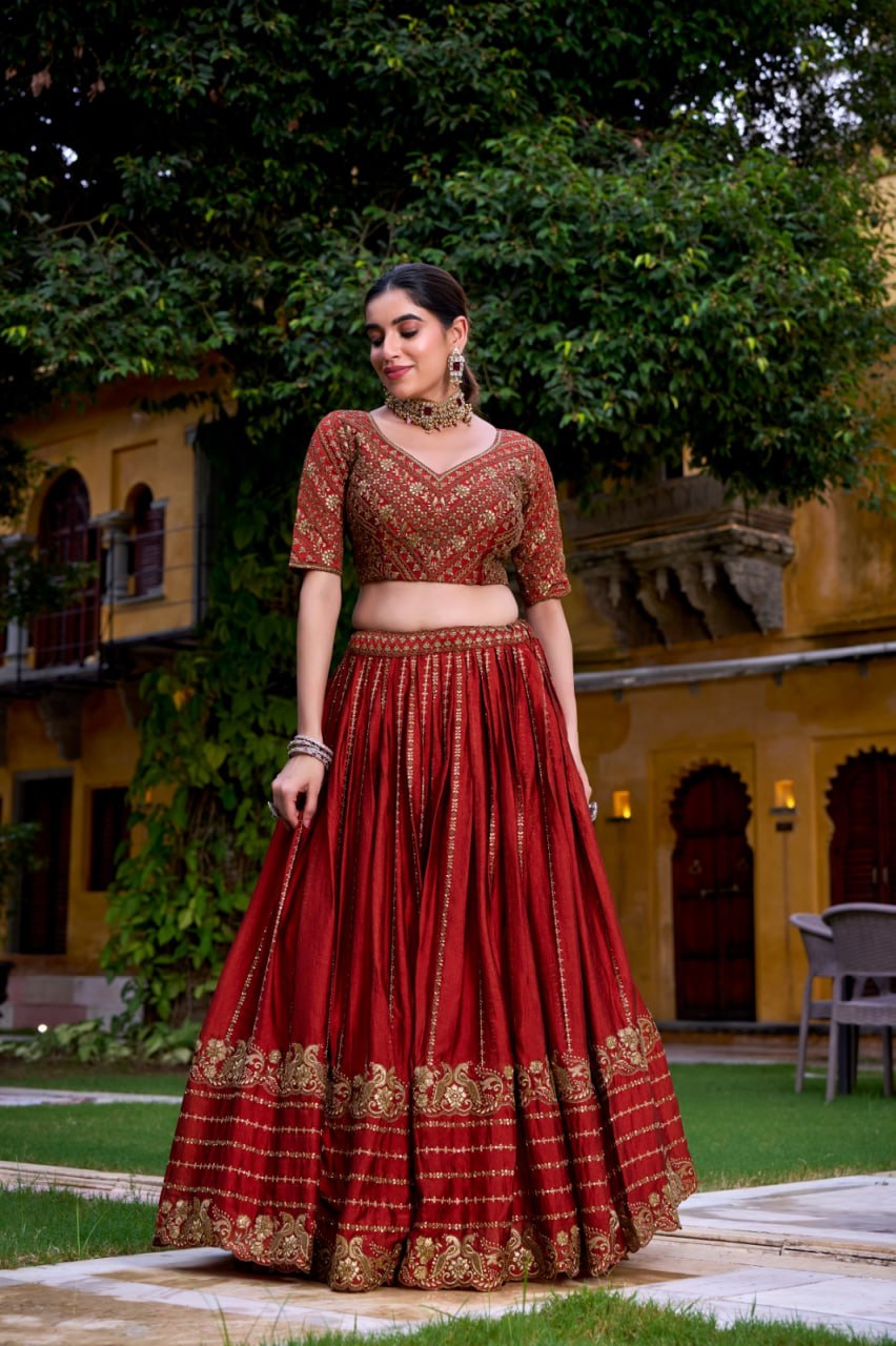 Designer Rust Orange Rangoli Silk Party Wear Lehenga Choli