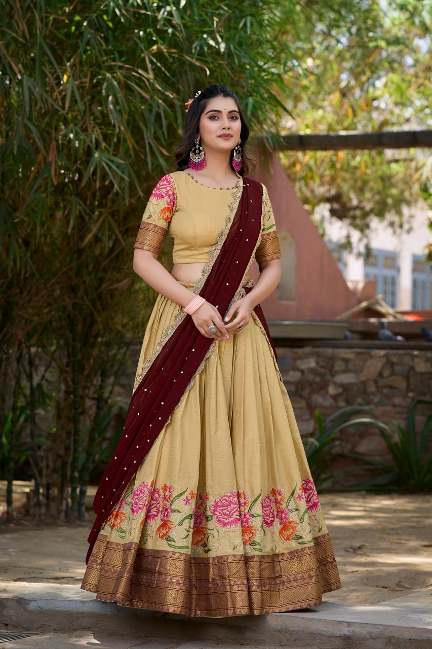 Cream Cotton Silk Lehenga Choli with Thread Embroidery With Drape Georgette Dupatta