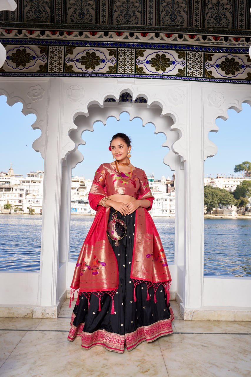 Black Paithani Traditional Lehenga Choli with Dupatta & Zari Weaving