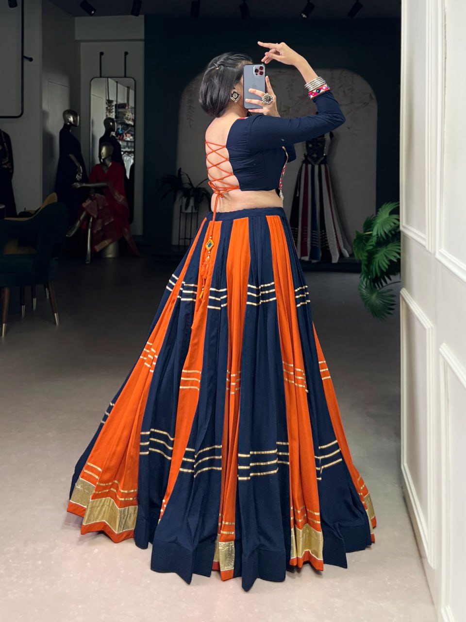 Pure Rayon Mirror Gamthi Work Chaniya Choli for Navratri & Gota Patti Lace