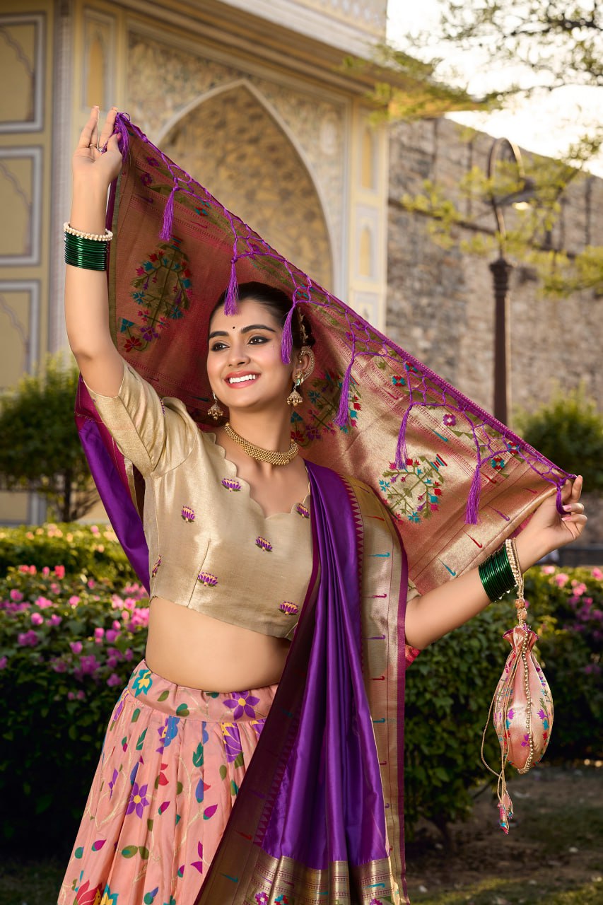 Peach Paithani Lehenga Choli with Zari Weaving Work, Dupatta & Batwa