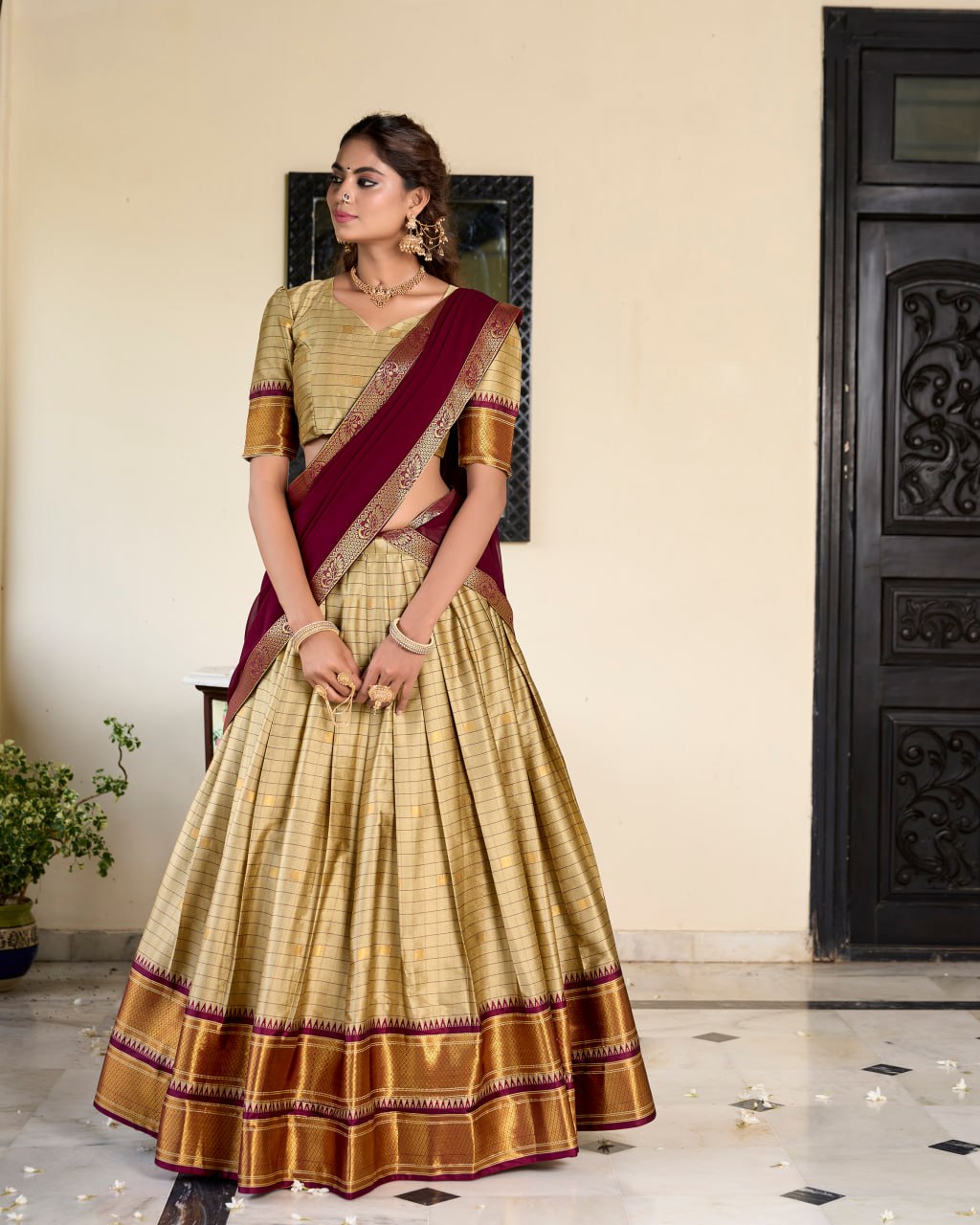 Brown Cotton Silk Paithani Bridesmaid Lehenga Choli with Weaving Work & Dupatta