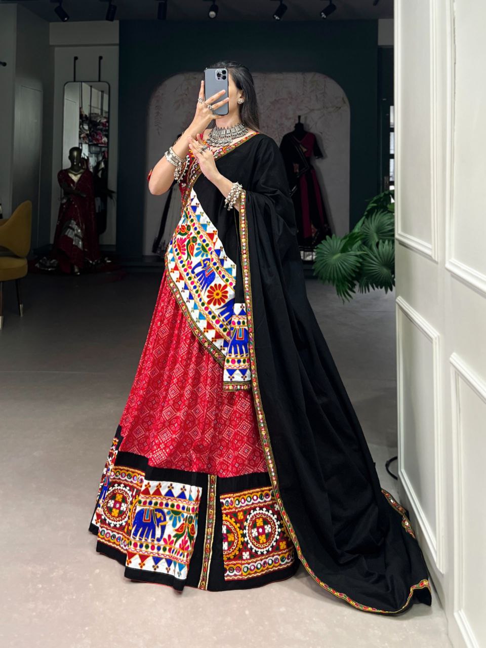 Red & Black Gamthi Work Lehenga, Mirror Work Choli, Cotton Navratri Lehenga, Navratri Lehenga 2025, Garba Outfit for Women, Printed Cotton Chaniya Choli, Traditional Indian Wear, Mirror Embroidery Dress, Dandiya Night Look, Festive Chaniya Choli