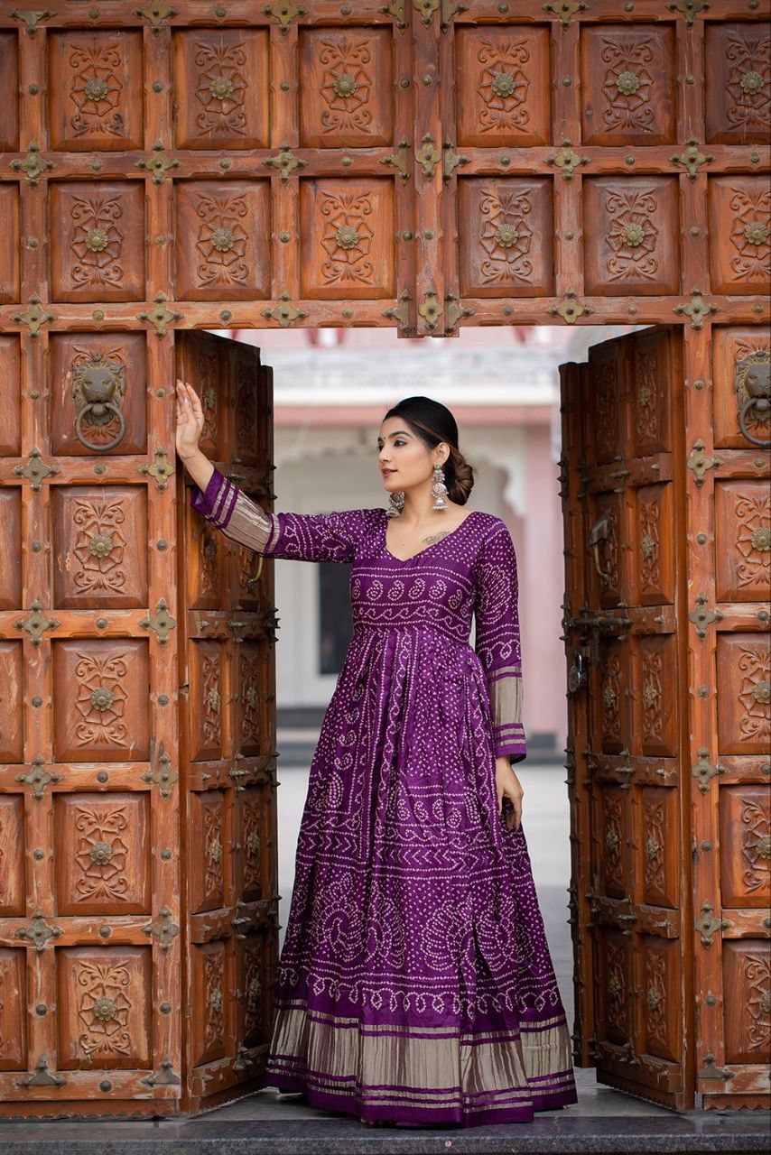 Wine Bandhej Gown, Gaji Silk Gown, Bandhani Print Dress, Navratri Gown, Traditional Indian Gown, Ethnic Wear for Women, Ready to Wear Gown, Full Flare Gown, Festive Silk Dress, Long Gown for Garba