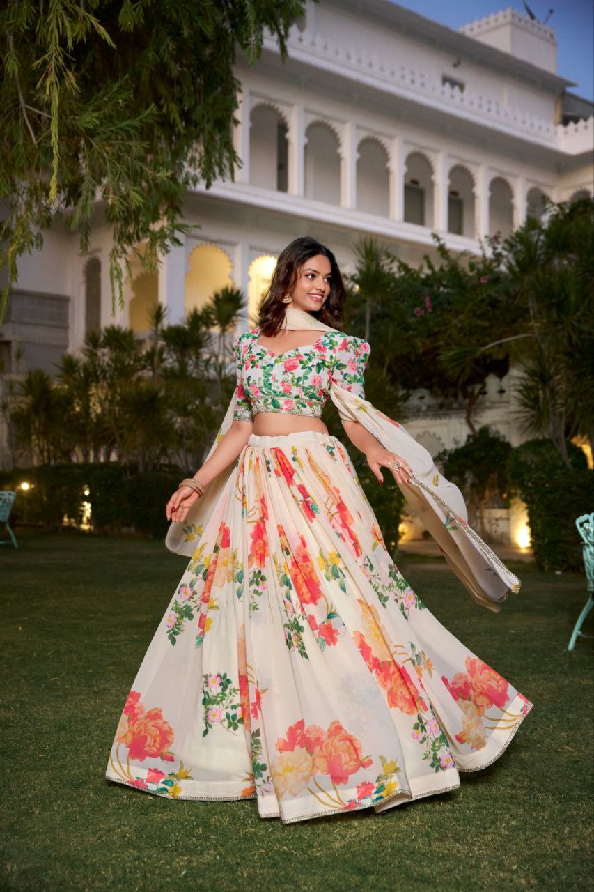 Floral Georgette Lehenga, Summer Lehenga Choli, Printed Lehenga for Women, Daytime Ethnic Wear, Lace Border Dupatta, Haldi Mehndi Outfit, Lightweight Festive Wear, Lehenga Choli 1021, Georgette Printed Lehenga, Ethnic Set for Spring Festivals
