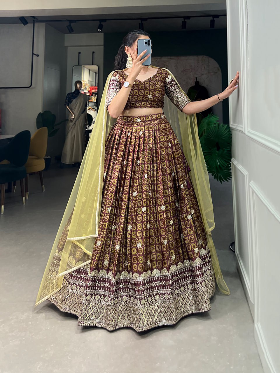 Bridesmaid Lehenga 2025, Chinon Embroidered Lehenga, Digital Print Lehenga, Sequin Work Lehenga, Chinon Blouse Fabric, Unstitched Blouse, Net Dupatta with Lace, Canvas Flair Lehenga, 3.5 Meter Flare Lehenga, Stitched Lehenga Choli, Wedding Guest Outfit, Festive Indian Wear, Elegant Bridesmaid Outfit