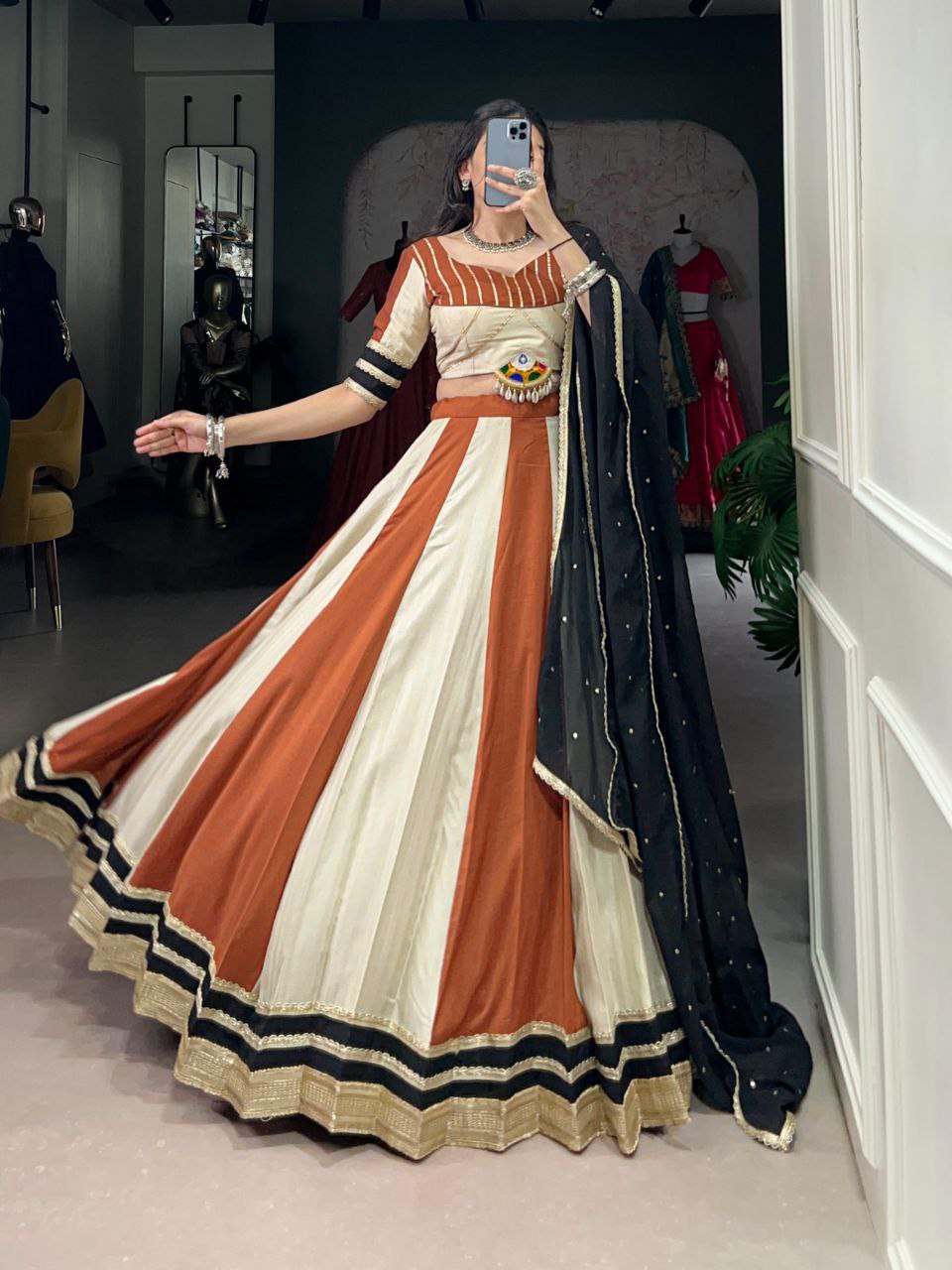 Navratri Lehenga 2025, Mirror Work Blouse, Chinon Lehenga Choli, Gamthi Work Lehenga, Kodi Lace Blouse, Gotta Patti Lehenga, 6 Meter Flair Lehenga, Garba Night Outfit, Stitched Navratri Lehenga, Georgette Embroidered Dupatta, Garba Look 2025, Traditional Festival Wear, Canvas Lined Lehenga