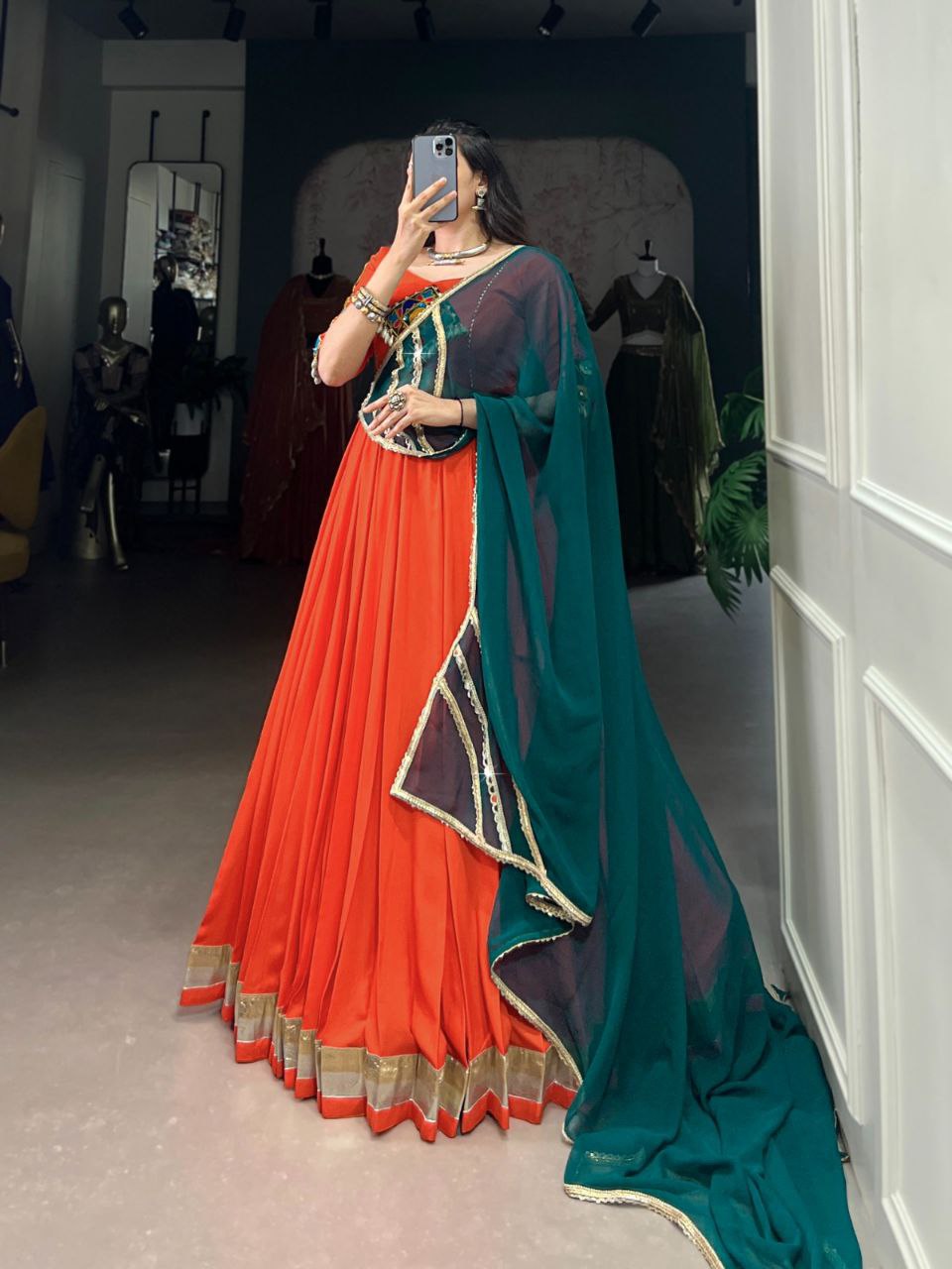 Navratri Collection 2025, Mirror Work Lehenga, Gamthi Work Blouse, Rayon Lehenga Choli, Kodi Lace Lehenga, Festival Lehenga 2025, Traditional Garba Outfit, 8 Meter Flair Lehenga, Cowrie Lace Choli, Ethnic Wear for Women, Dandiya Night Outfit, Indian Festive Wear, Embossed Rayon Lehenga