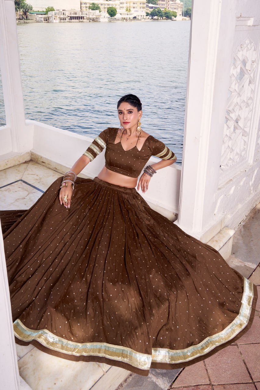 Brown Pure Chanderi Silk Lehenga Choli With Zari Weaving & Lace Touch Up