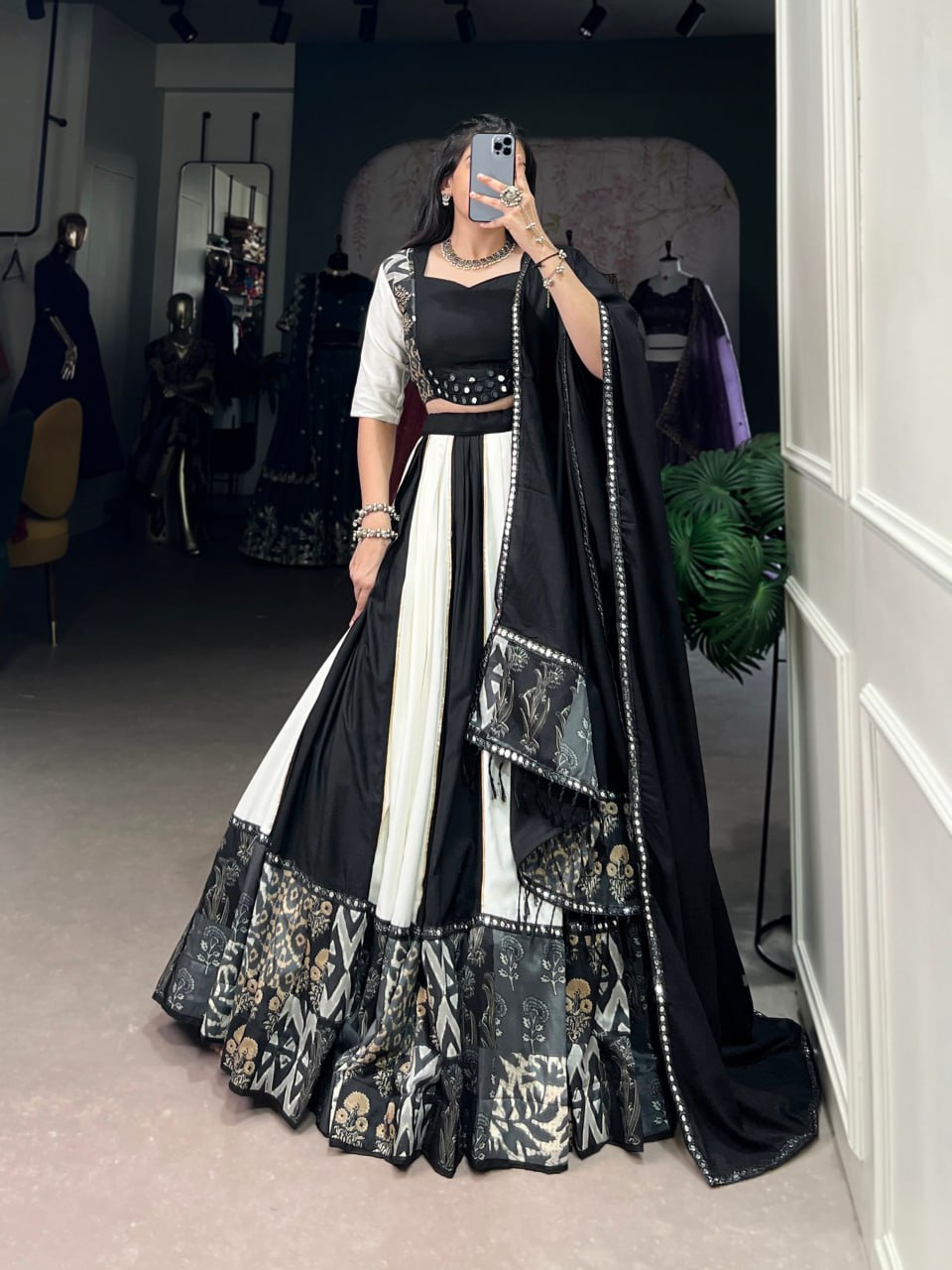 Black Rayon Printed Lehenga Choli with Mirror Work & Gota Patti