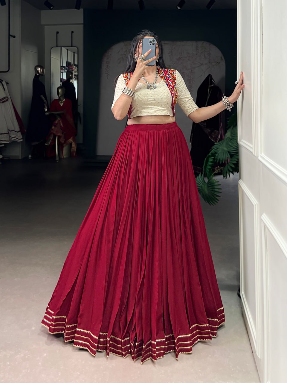 Designer Rayon Lehenga Choli with Khadi Cotton Mirror Gamthi Blouse