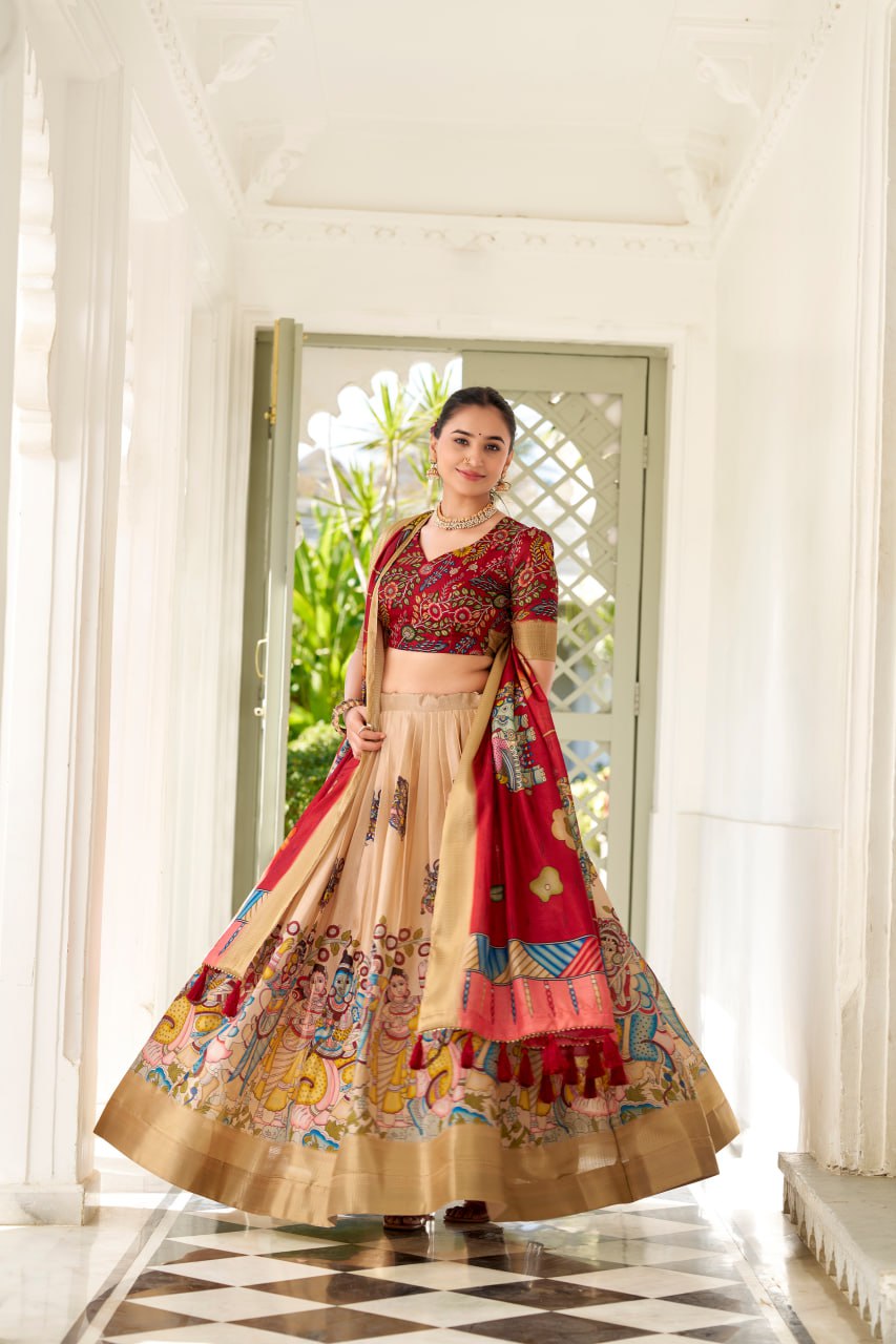 Dola Silk Lehenga Choli, Kalamkari Print Garba Choli, Festival Wear Lehenga Choli 2025, Designer Silk Lehenga for Women, Traditional Garba Outfit Online, Weaving Border Lehenga Choli Set, Tassel Dupatta Lehenga Choli, Indian Ethnic Wear for Festivals, Stitched Dola Silk Lehenga Set, Kalamkari Print Silk Chaniya Choli