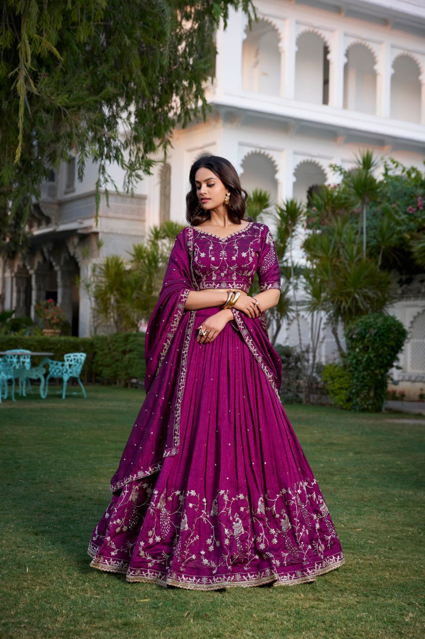 Wine Vichitra Silk Lehenga Choli with Sequins & Thread Embroidery