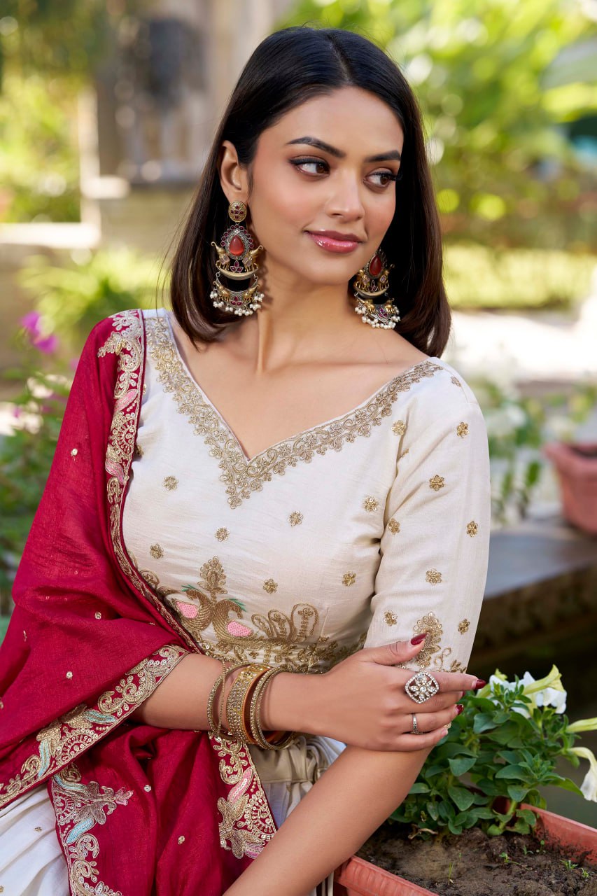 Off White Vichitra Silk Bridesmaid Lehenga Choli with Sequins & Thread Embroidery