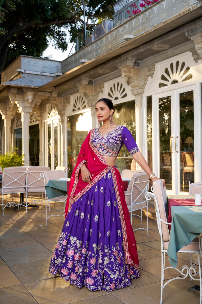 Purple Vichitra Silk Bridesmaid Lehenga Choli with Sequins & Thread Embroidery