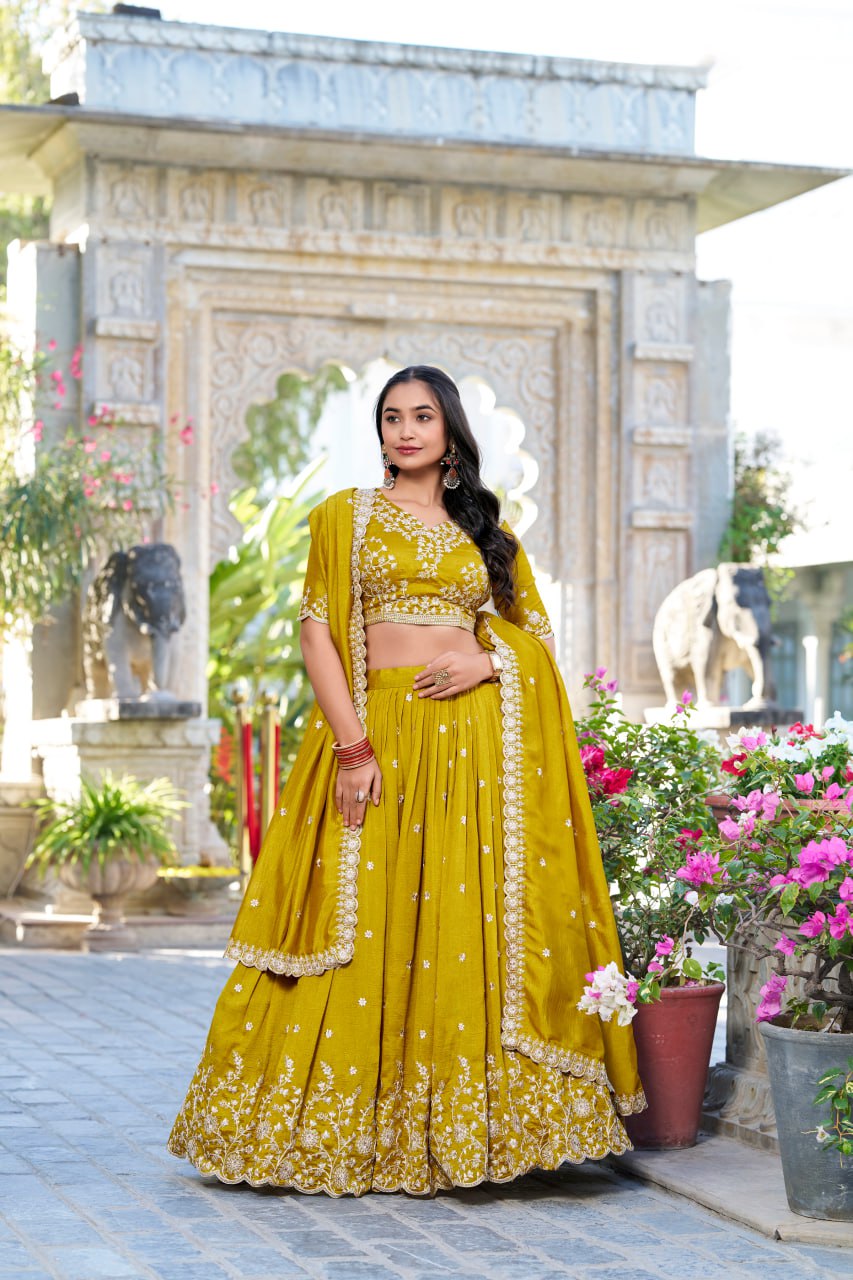 Mustard Vichitra Silk Bridesmaid Lehenga Choli with Sequins & Thread Embroidery