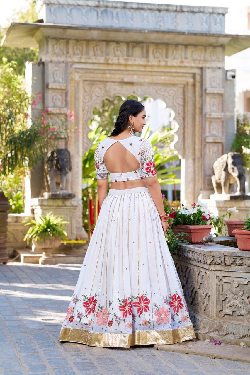 Designer White Bridal Party Lehenga Choli with Sequins & Thread Embroidery