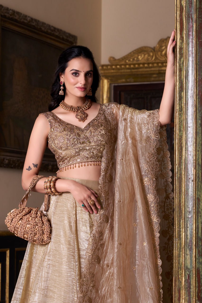 Light Brown Color Bridesmaid Lehenga Choli in Gold Crush With Heavy Blouse Sequins Embroidery Work