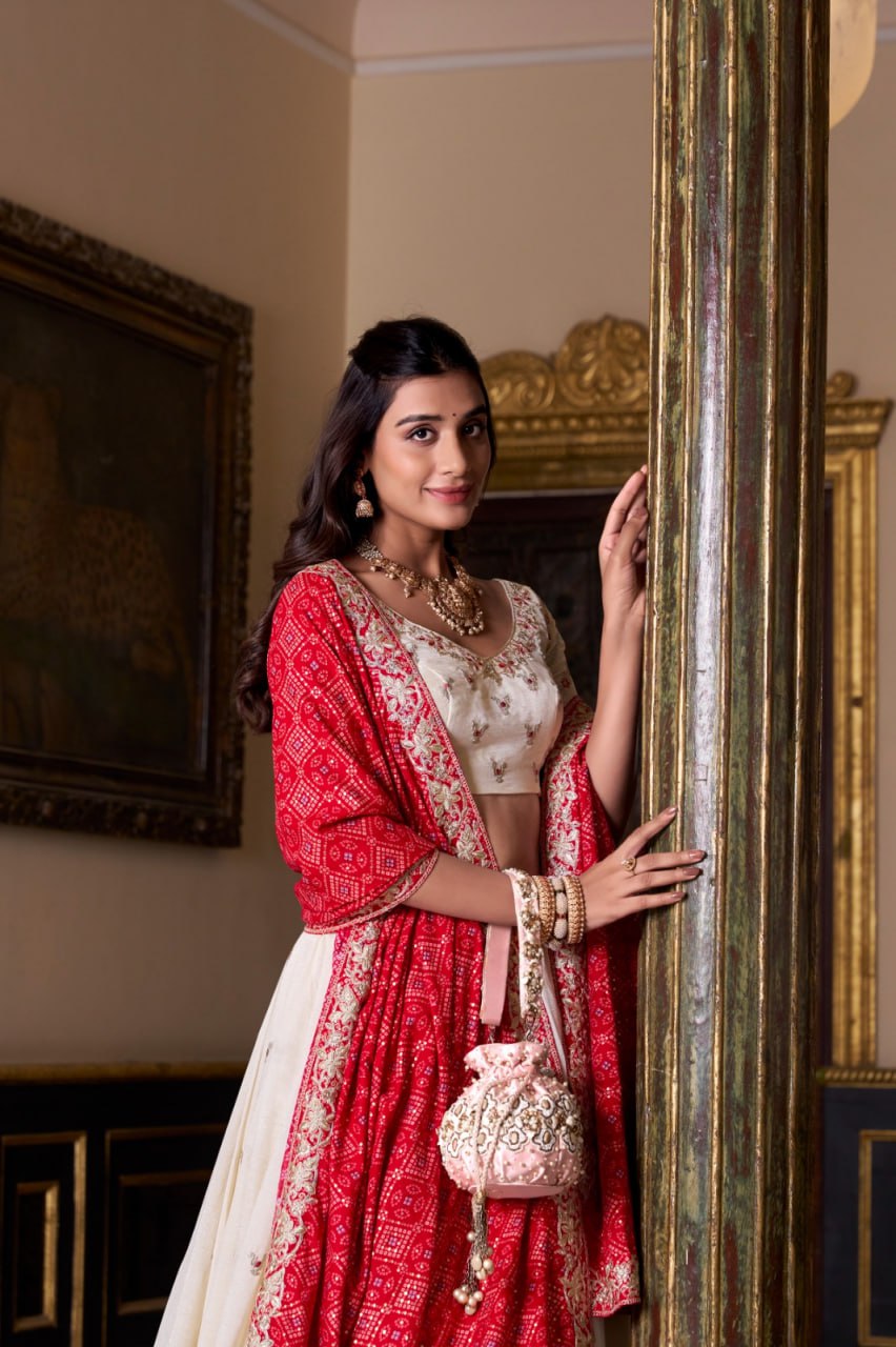 Off White Party Wear Lehenga Choli with Sequins