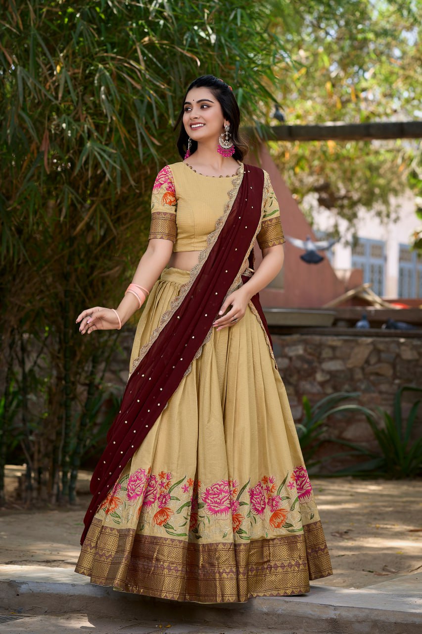 Cream Cotton Silk Lehenga Choli with Thread Embroidery With Drape Georgette Dupatta