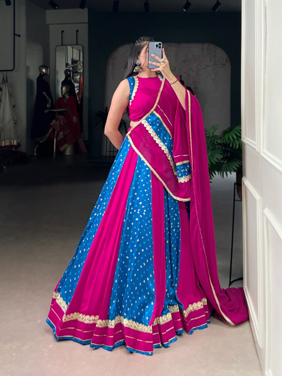 Magenta & Blue Bandhani Chaniya Choli for Navratri in Tasar Silk with Lace Detail