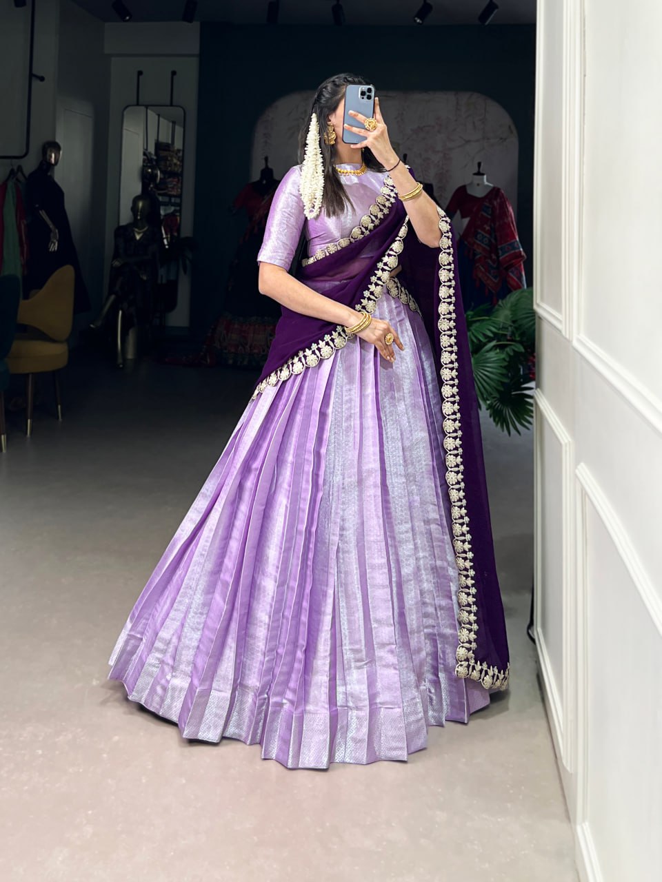 Festive Lavender Lehenga Choli with Weaving Work & Georgette Embroidered Dupatta