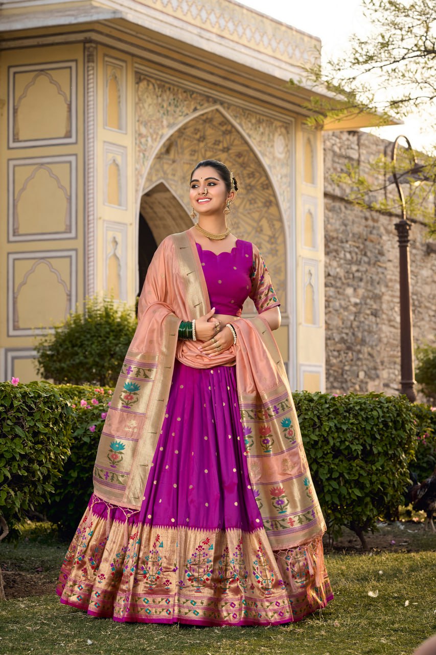 Purple Paithani Lehenga Choli with Zari Weaving Work, Dupatta & Batwa