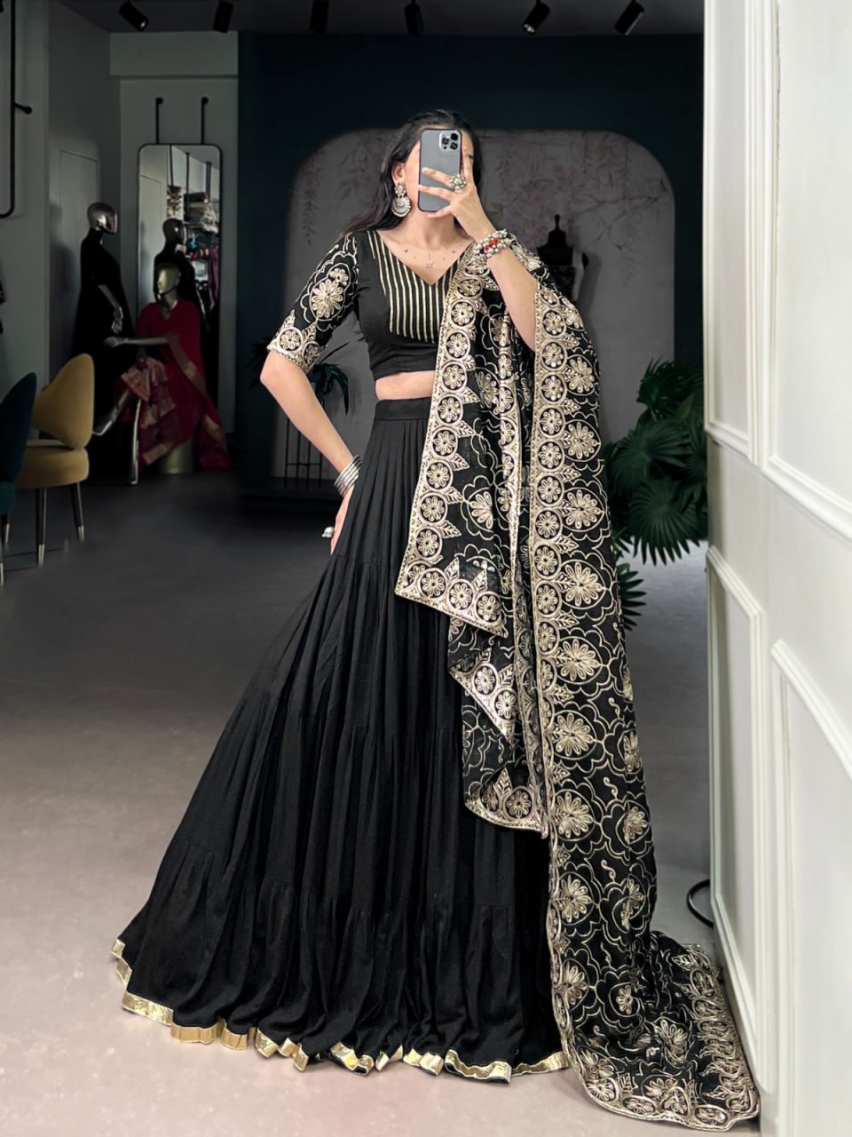 Black Rayon Chaniya Choli for Navratri with Golden Embroidery
