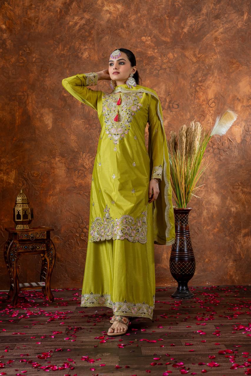 Zari Mirror Embroidered Straight Kurta Set with Sharara and Scalloped Dupatta