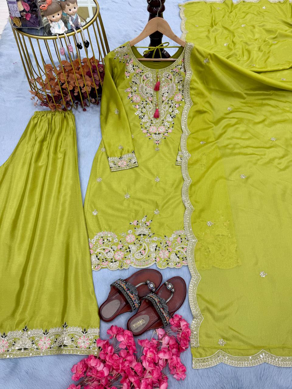 Zari Mirror Embroidered Straight Kurta Set with Sharara and Scalloped Dupatta