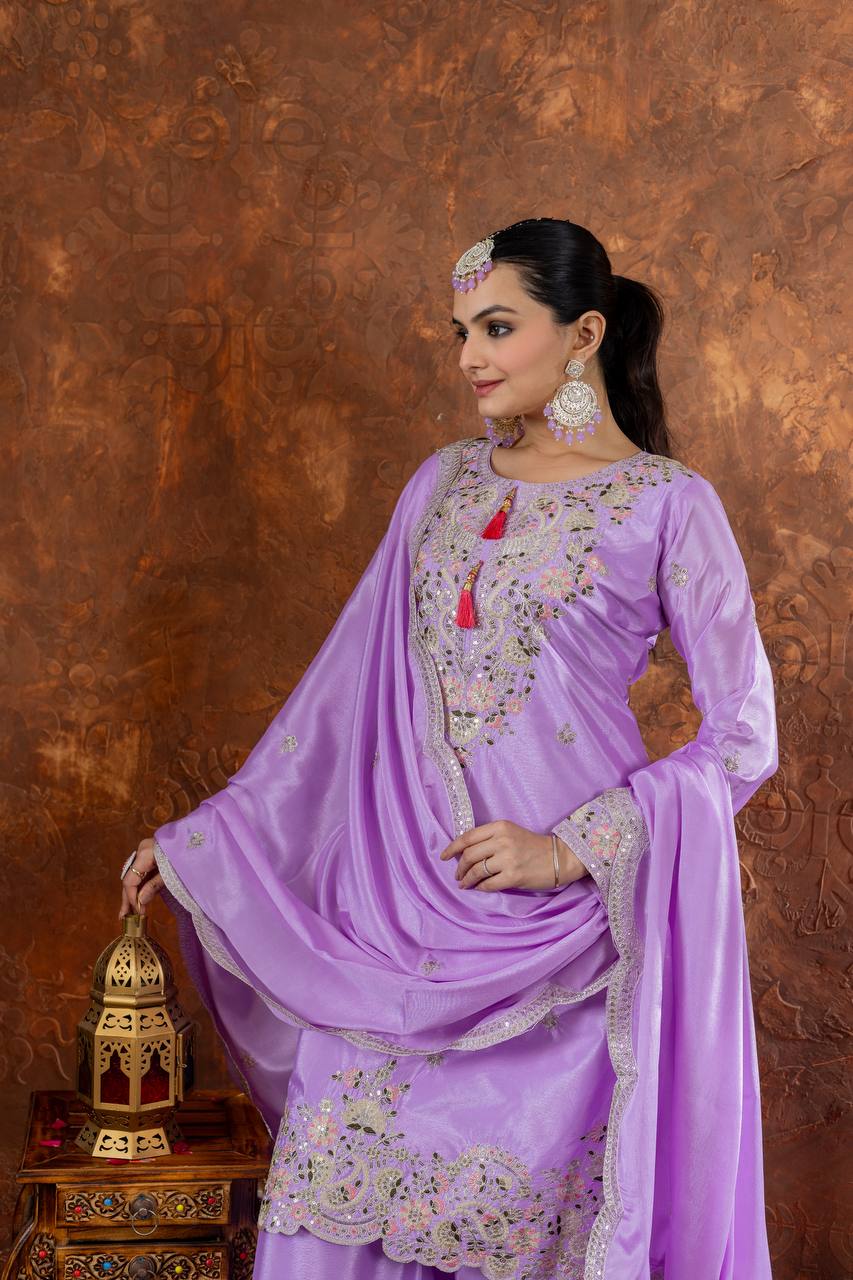 Zari Mirror Embroidered Straight Kurta Set with Sharara and Scalloped Dupatta