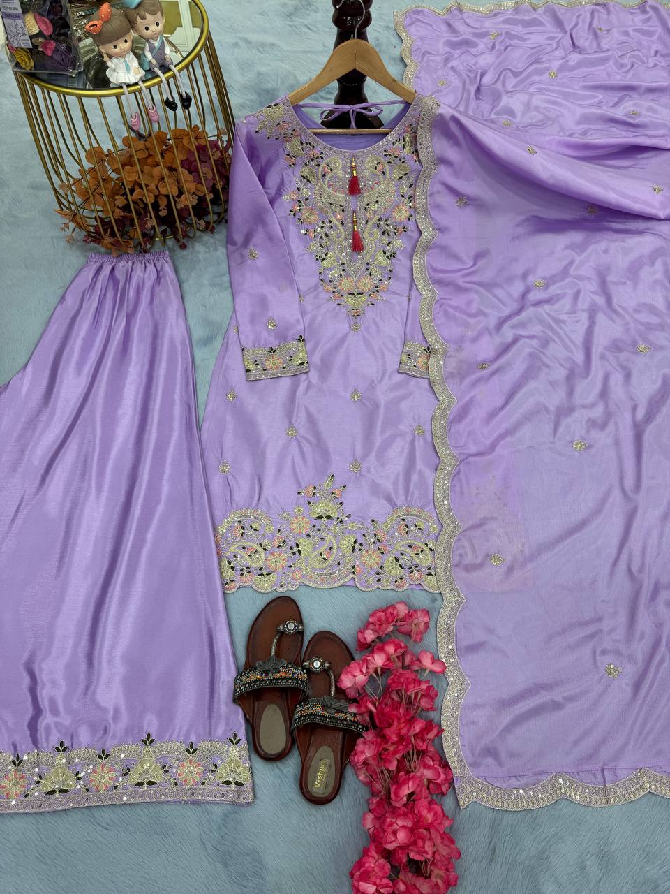 Zari Mirror Embroidered Straight Kurta Set with Sharara and Scalloped Dupatta