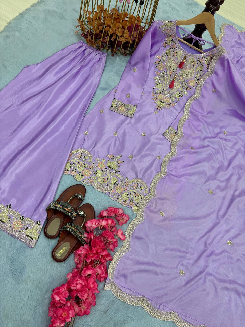 Zari Mirror Embroidered Straight Kurta Set with Sharara and Scalloped Dupatta
