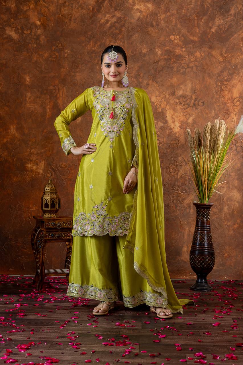 Zari Mirror Embroidered Straight Kurta Set with Sharara and Scalloped Dupatta