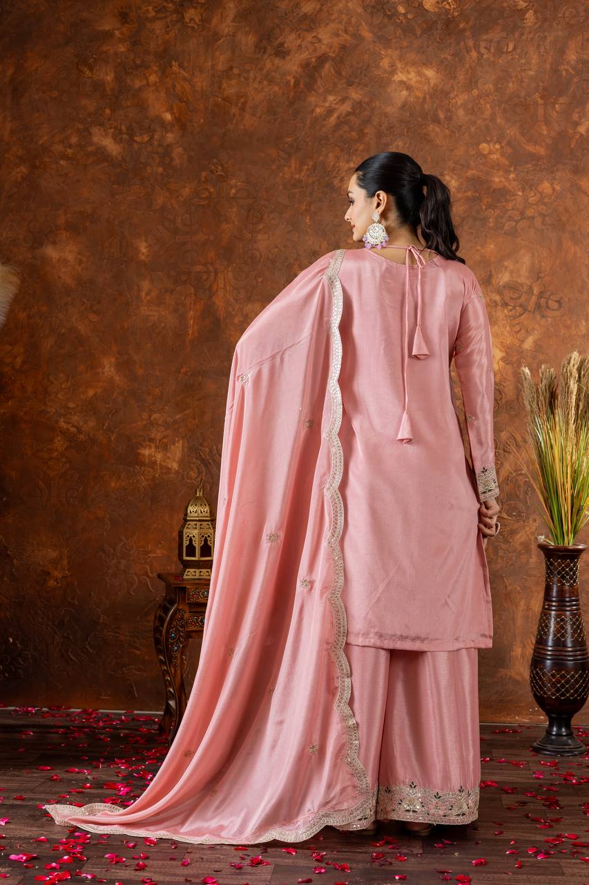 Zari Mirror Embroidered Straight Kurta Set with Sharara and Scalloped Dupatta