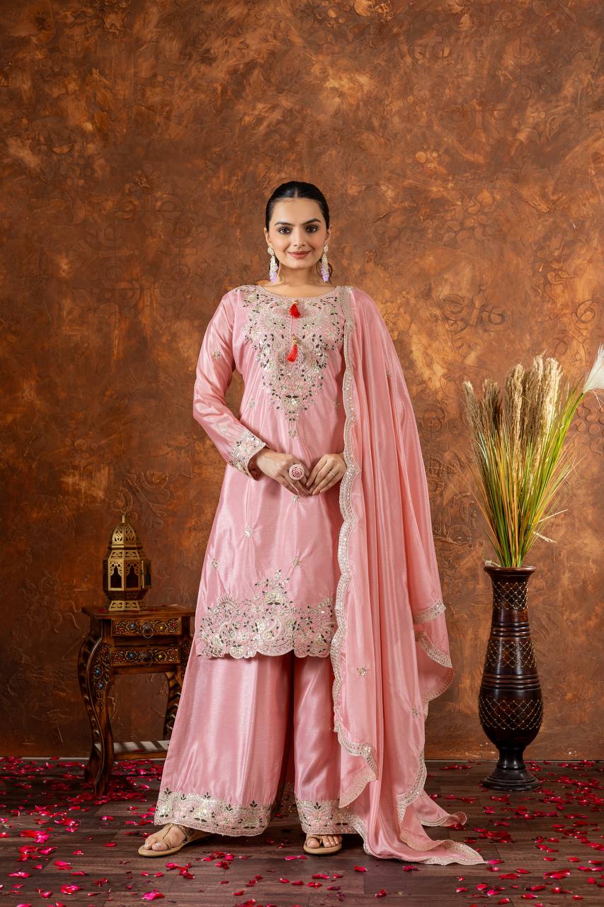 Zari Mirror Embroidered Straight Kurta Set with Sharara and Scalloped Dupatta
