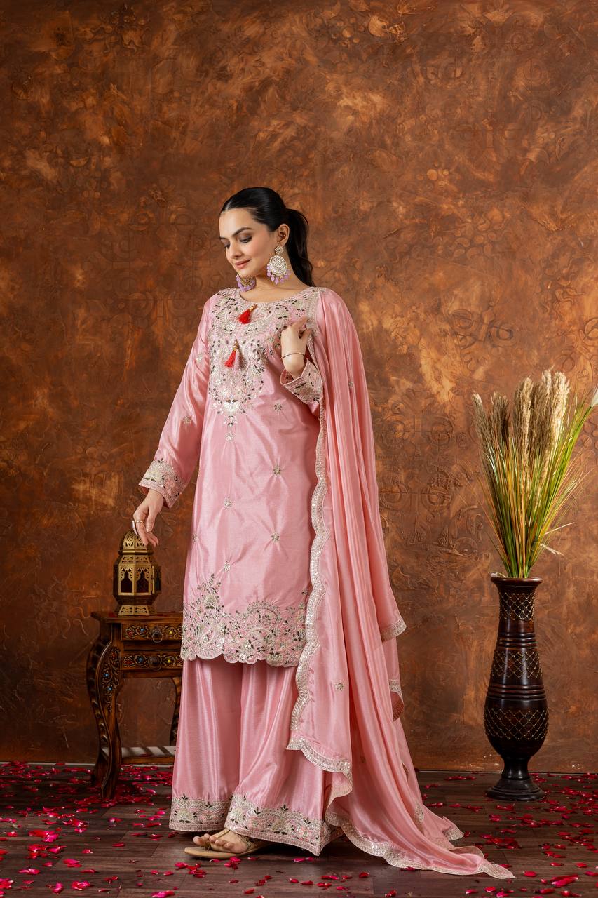 Zari Mirror Embroidered Straight Kurta Set with Sharara and Scalloped Dupatta