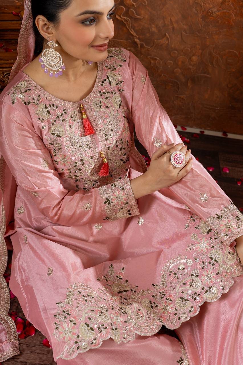 Zari Mirror Embroidered Straight Kurta Set with Sharara and Scalloped Dupatta