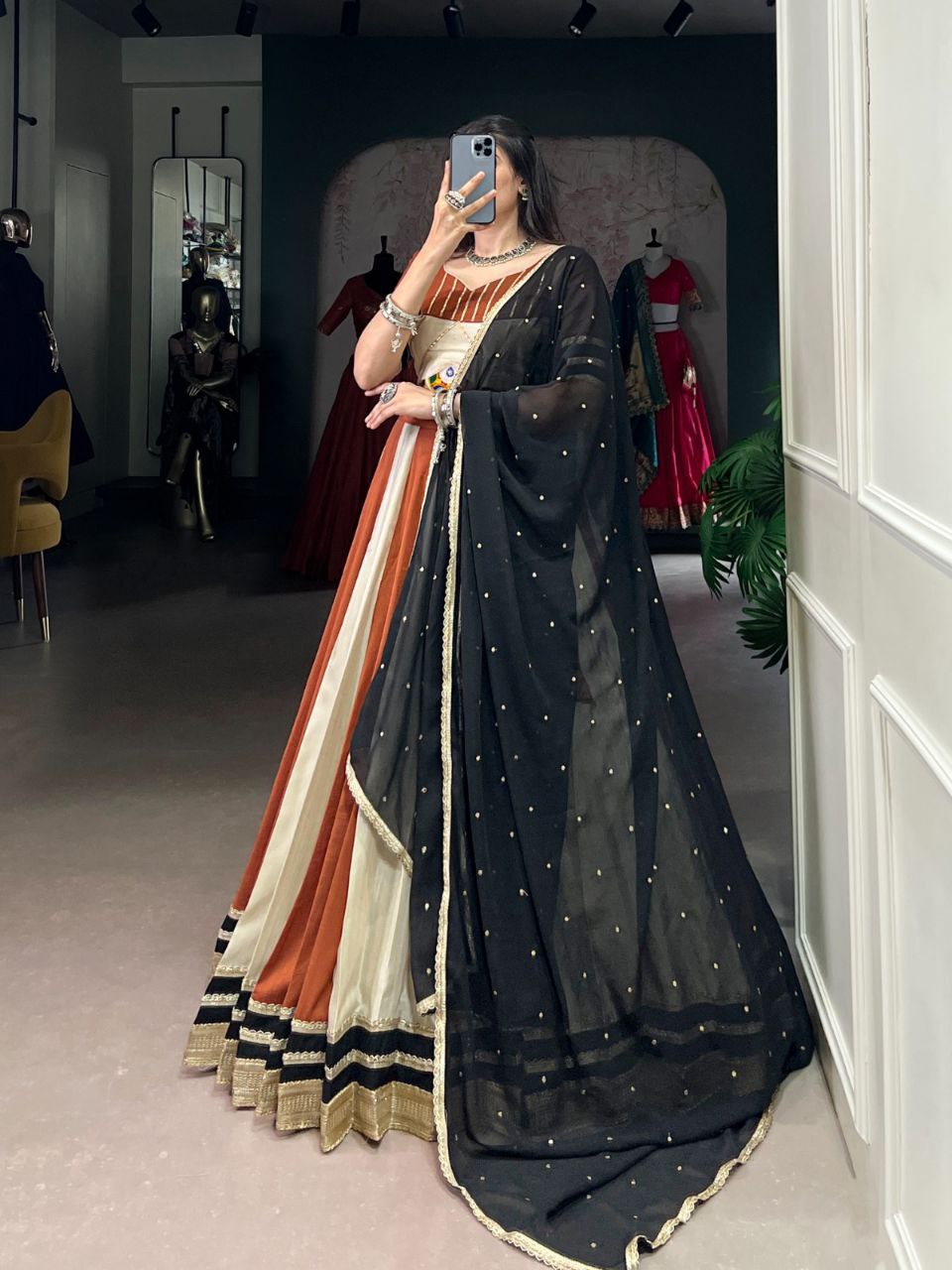 Navratri Lehenga 2025, Mirror Work Blouse, Chinon Lehenga Choli, Gamthi Work Lehenga, Kodi Lace Blouse, Gotta Patti Lehenga, 6 Meter Flair Lehenga, Garba Night Outfit, Stitched Navratri Lehenga, Georgette Embroidered Dupatta, Garba Look 2025, Traditional Festival Wear, Canvas Lined Lehenga