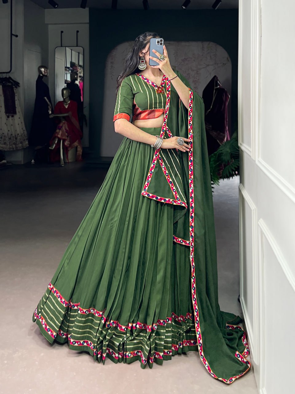 Light Green Rayon Original Mirror Work Gamthi Lehenga Choli