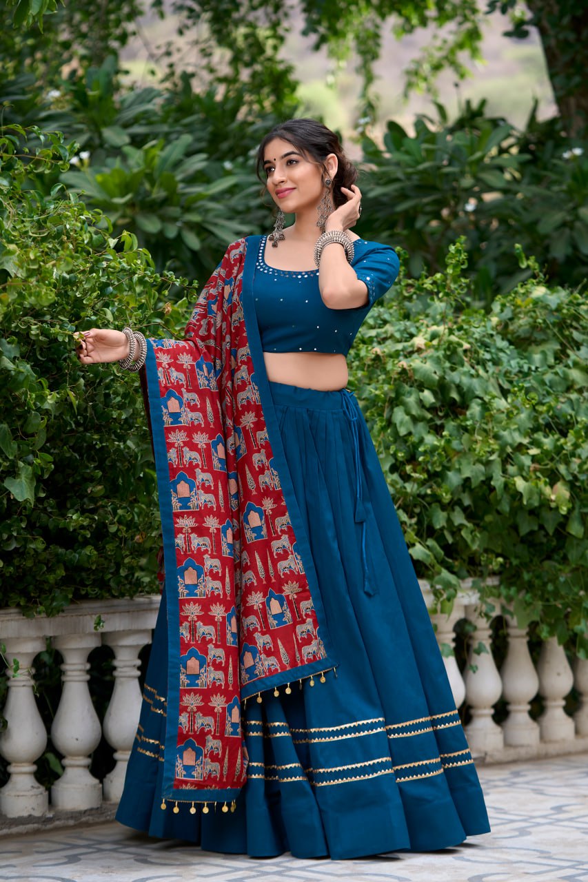 Blue Pure Cotton Kutchi Hand Work Chaniya Choli with Printed Dupatta for Navratri