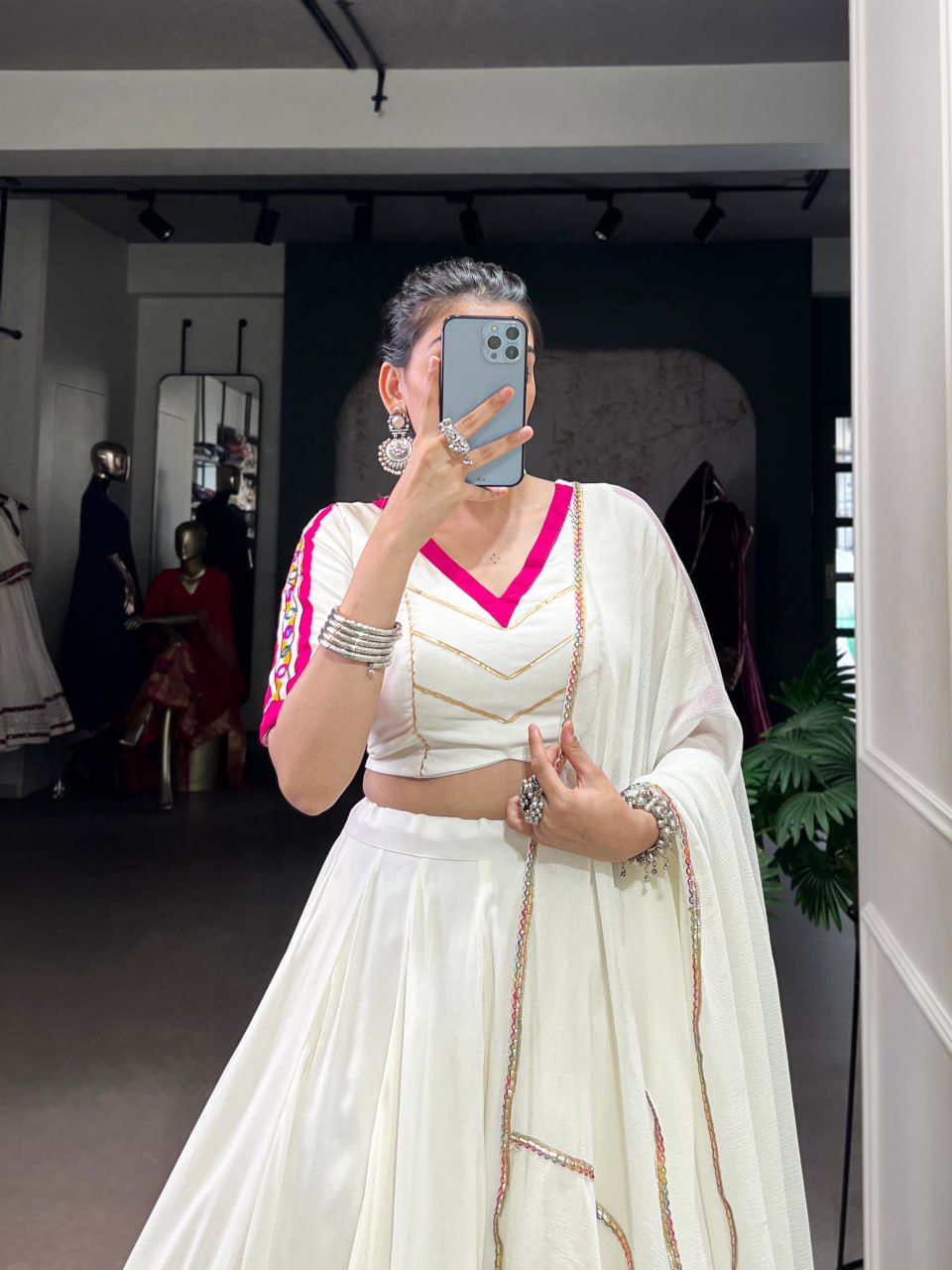 White Rayon Navratri Lehenga Choli with Mirror & Gota Patti Work