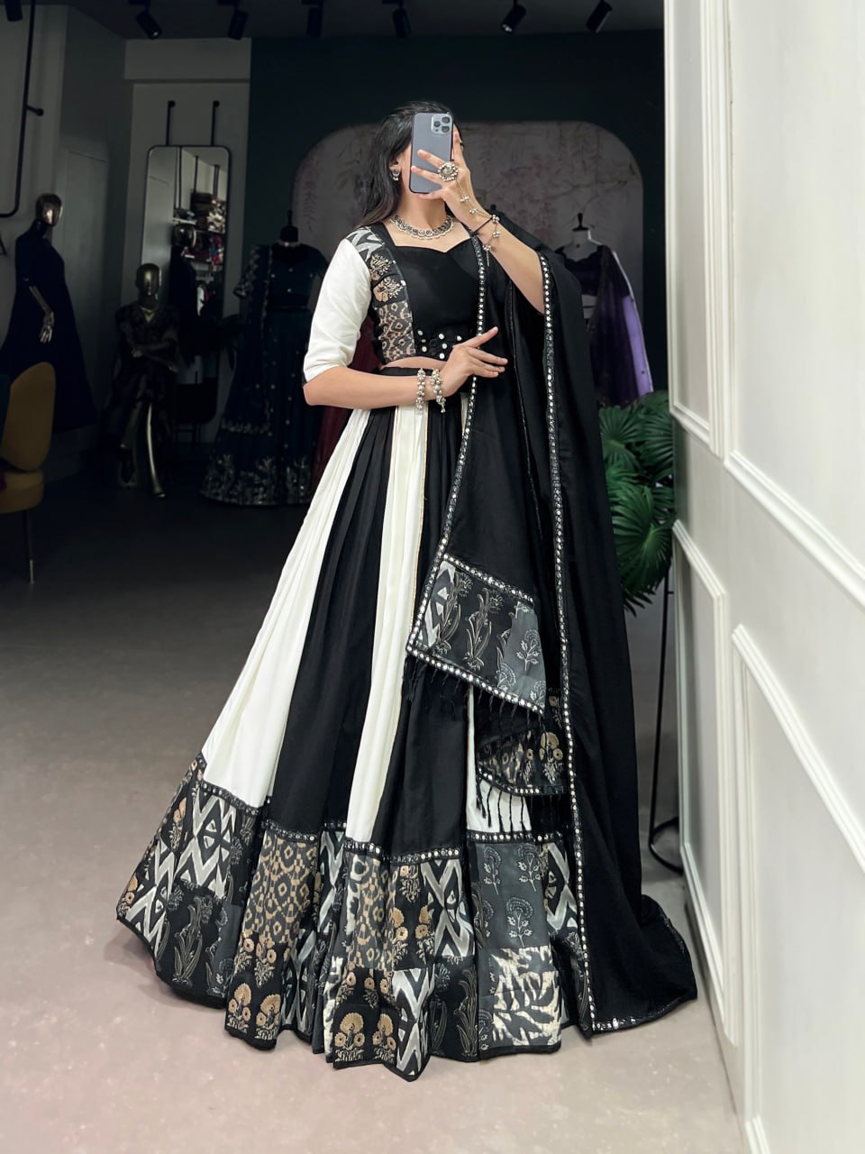 Black Rayon Printed Lehenga Choli with Mirror Work & Gota Patti
