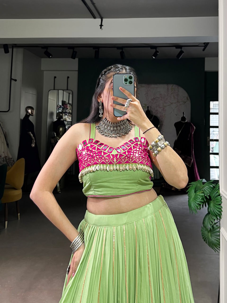 Pure Rayon Green Navratri Lehenga, Green Gamthi Work Lehenga Choli, Mirror Work Navratri Outfit, Gota Patti Blouse Lehenga Choli, Stitched Rayon Lehenga for Women, Green Traditional Navratri Chaniya Choli, Designer Lehenga Choli 2025, Festival Wear Lehenga for Garba, Cowrie Lace Work Lehenga Choli, Women’s Ethnic Wear for Navratri