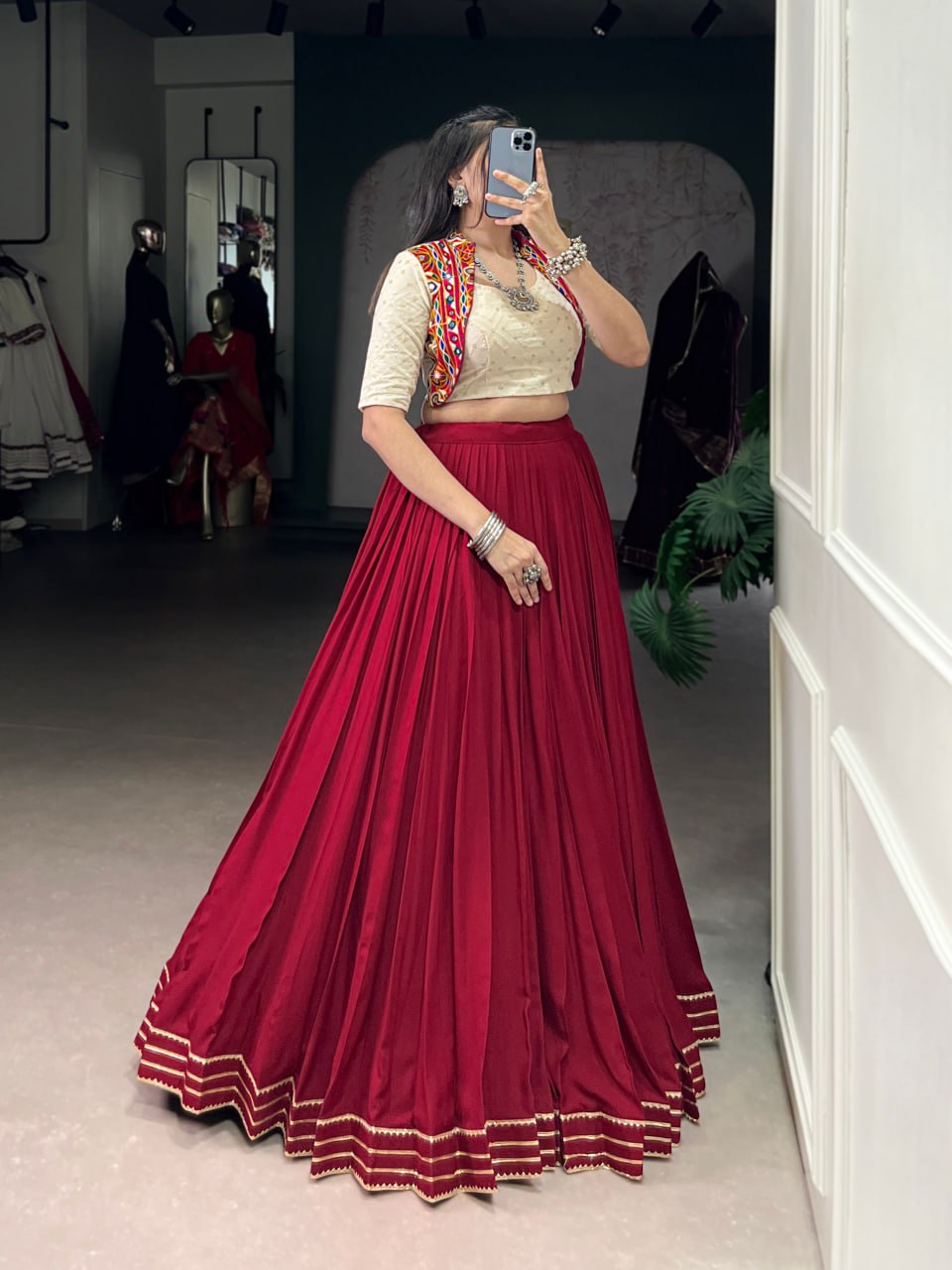 Designer Rayon Lehenga Choli with Khadi Cotton Mirror Gamthi Blouse