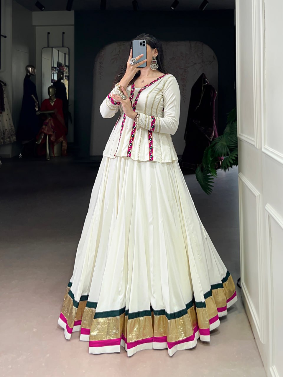 Rayon Designer White Mirror Gamthi Work Chaniya Choli for Navratri