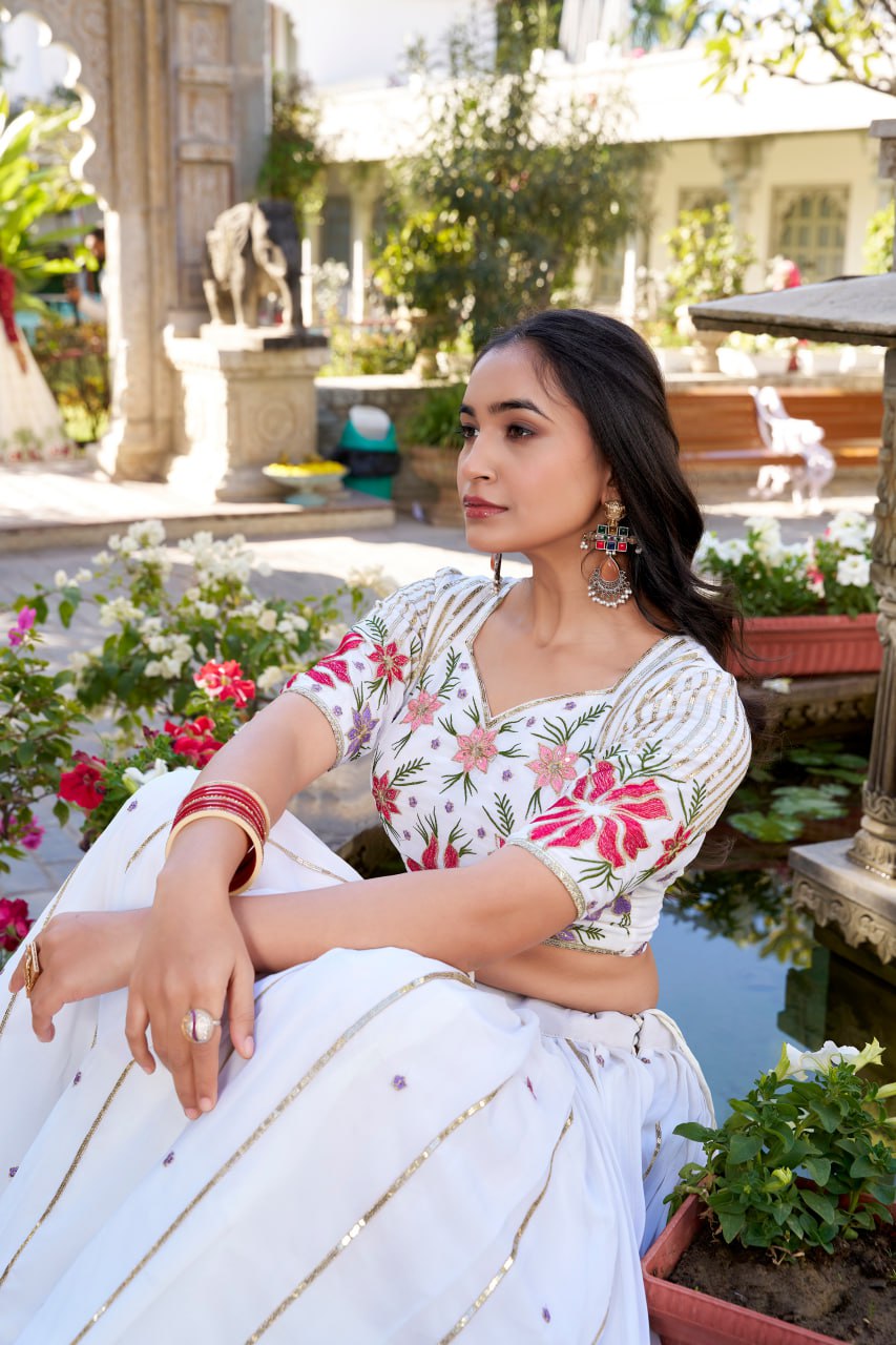 Designer White Bridal Party Lehenga Choli with Sequins & Thread Embroidery