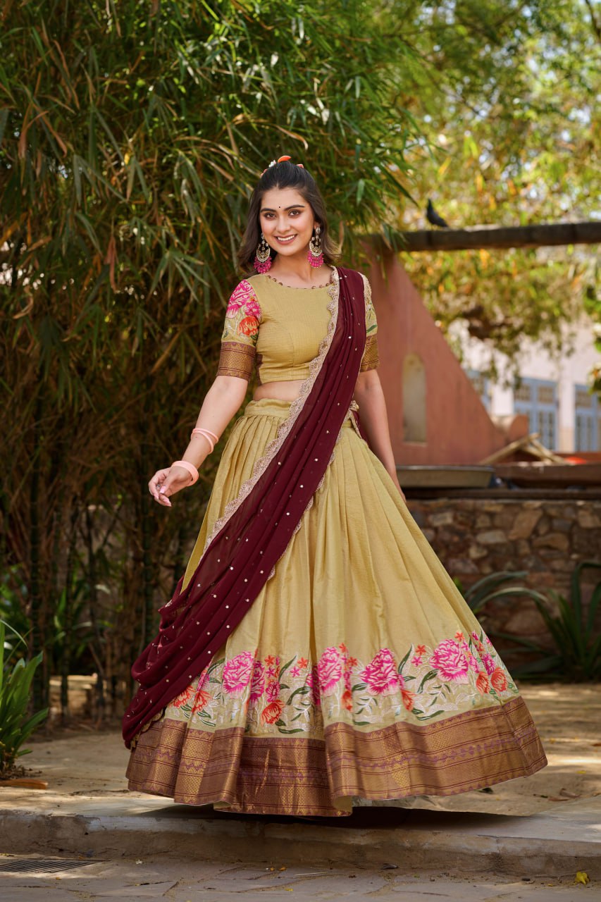 Cream Cotton Silk Lehenga Choli with Thread Embroidery With Drape Georgette Dupatta