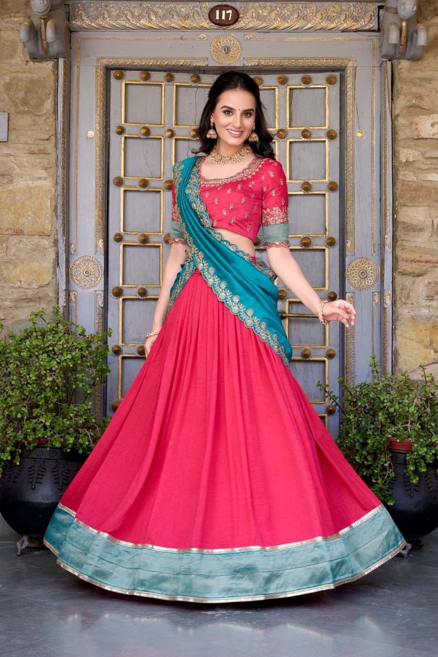 Rose Pink Party Wear Lehenga Choli with Zari Weaving & Dupatta