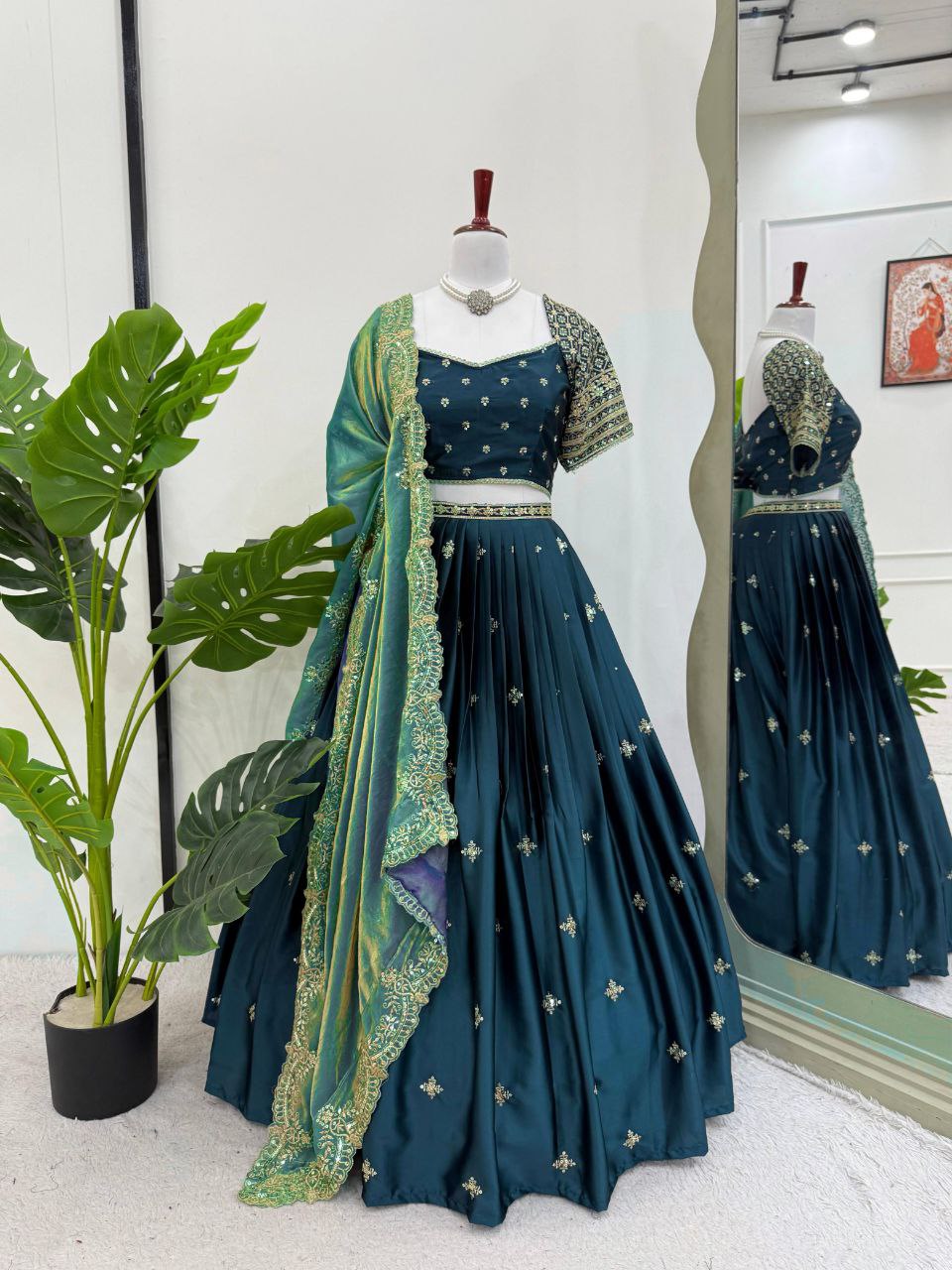 Japan Satin Lehenga, Sequin Lehenga Choli, Thread Work Lehenga, Cutwork Dupatta, Fendi Silk Dupatta, 3.5 Meter Flair Lehenga, Full Stitch Lehenga, Side Zip Lehenga, Unstitched Blouse, Lightweight Lehenga Choli, Wedding Wear, Festive Ethnic Outfit, Designer Lehenga Set, Traditional Indian Wear